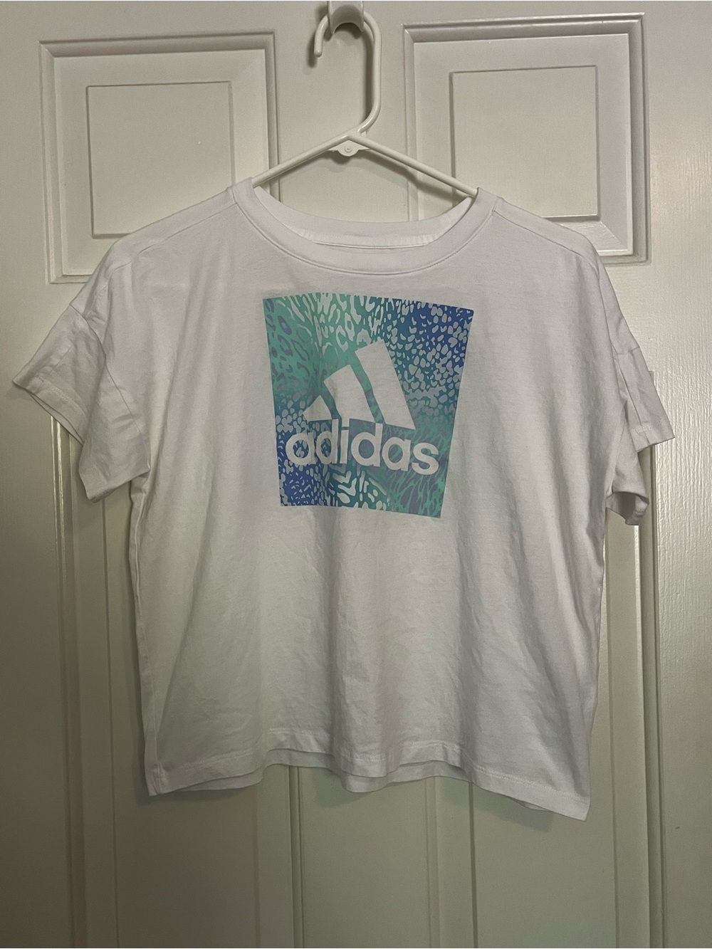 adidas White Tee with Teal and Blue Logo